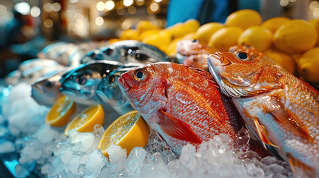 Fresh sea food display at street market, fish, crabs are lying at ice, fresh and shinyの素材