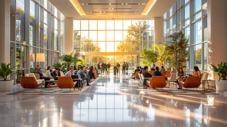 People have an business meeting in lobby of glass office building with beautiful sunrise lightingの素材