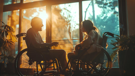 People in wheel chairs spending time together, talking by the windowの素材