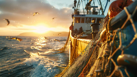 Fisherman in orange robe working at sea shipの素材