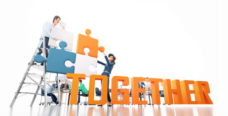 Business people work with puzzles next to TOGETHER word, blur of business people working in office at background and copy space at white. 3D rendering. 3D renderingの写真素材