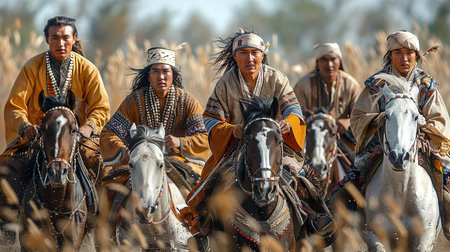 Kazakhs young man gallop horses and wearing traditional costumes during national horse riding games.の素材
