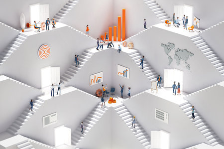 Growth in business. Business people working together in an abstract environment concept with stairs next to chairs and graphs, representing career, growth, success, achievement. 3Dの写真素材
