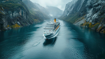 White Cruise ship passes a narrow canyon of rock on the way to North Sea. Drone cameraの素材