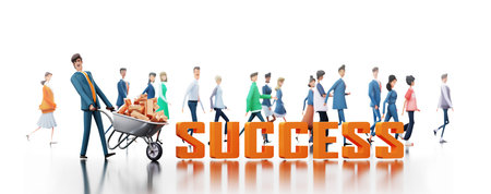Successful happy businessman pushing wheelbarrow with golden ingots in office, Blurred of walking people at the background. 3d Rendering illustrationの写真素材