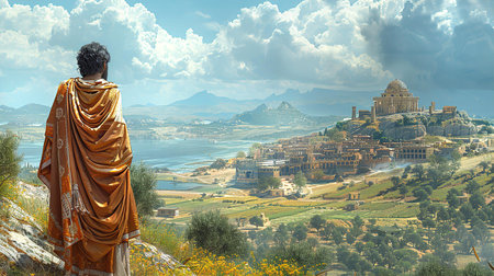 Sumerian king admiring his land from high mountain, historical reconstruction illustrationの素材