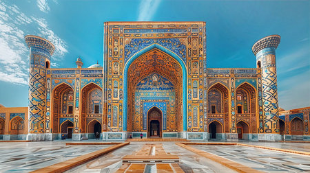 Iconic view of central Asia mosque at sunset, inspired by Iranian culture. Travel, culture and education conceptの素材