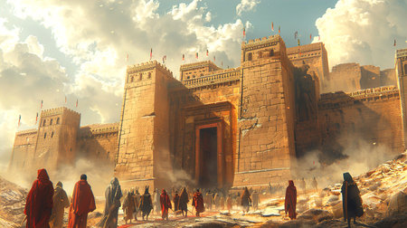 : Ancient Egyptian temple at river Nile historical reconstruction illustrationの素材