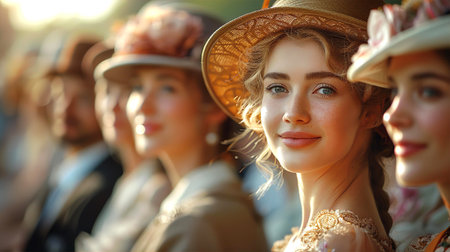 Well dressed English women watching Horse racing event on country sideの素材