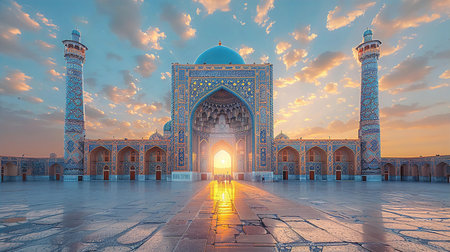Iconic view of central Asia mosque at sunset, inspired by isphahan culture. Beautiful Islamic architecture. Travel, culture and education conceptの素材