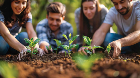 Group of young people planting trees in park. Environment, ecology, care of nature conceptの素材
