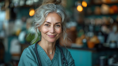Portrait of good looking female doctor in blue rob friendly smiling to cameraの素材