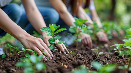 Group of young people planting trees in park. Environment, ecology, care of nature conceptの素材