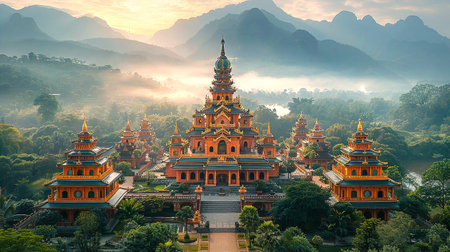 Vietnamese ancient temple in deep jungles and beautiful landscape with mountains and forest in early morning fog. Travel and culture conceptの素材