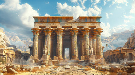: Ancient Egyptian temple at river Nile historical reconstruction illustrationの素材