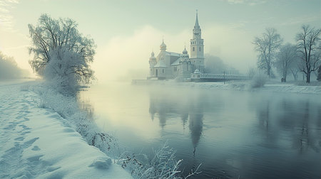 Old Russian medieval monastery situated on river or lake island at early morning mist and fog with gentle sunrise lightの素材