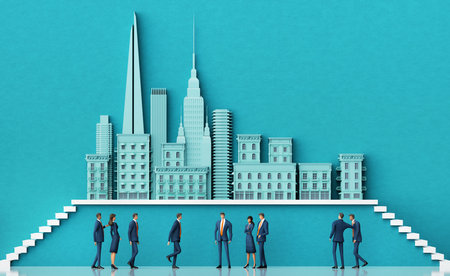 Business people and ladder of success in the City, concept 3D illustration with beautiful city icons and cipy space for textの写真素材