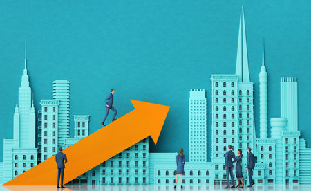Businessman making career in City, Beautiful skyscrapers of financial district and bug arrow, representing the way and success. 3D rendering illustrationの写真素材