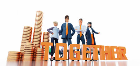Business team stay next to coin stacks and big TOGETHER word, blur of business people working in...