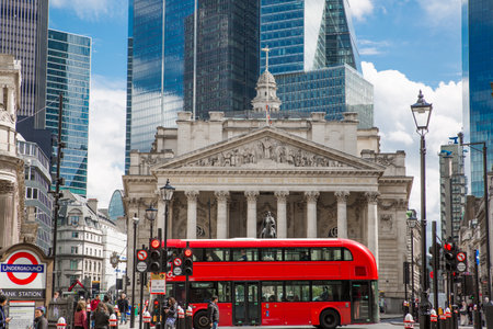 London, UK - 30 April, 2024: Bank of England square, The Royal Exchange building and skyscrapers of the City at the backgroundのeditorial素材