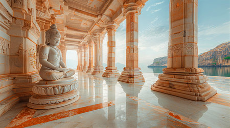 Buddha statue in the temple. 3d render illustration.の素材
