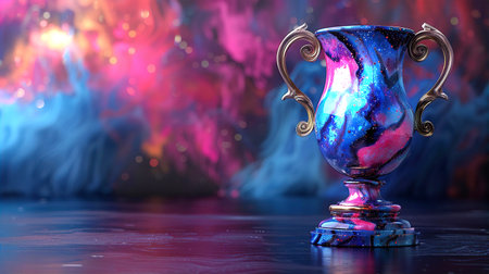 Purple and blue vintage trophy on dark background with abstract light.の素材