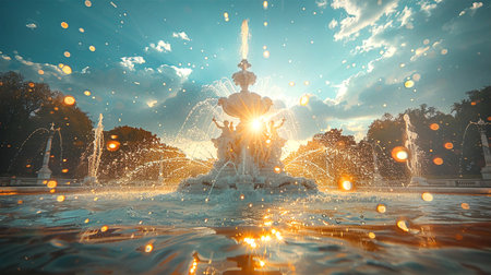 Fountain in the park at sunset, close-up. The concept of active and healthy lifeの素材