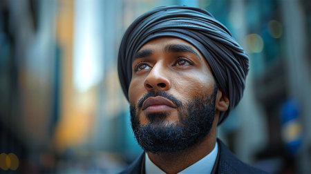 Portrait of indian man in turban looking away in cityの素材