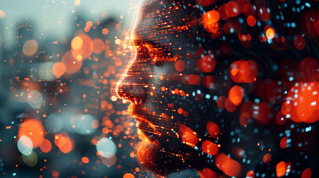 Double exposure of human face and red light bokeh background. 3d renderingの素材