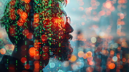 Double exposure of man face with digital binary code. Cyber security concept.の素材