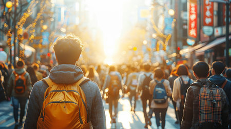 Rear view of a man walking on a street in the cityの素材
