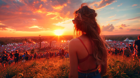 Young woman with long hair on the background of the city at sunsetの素材