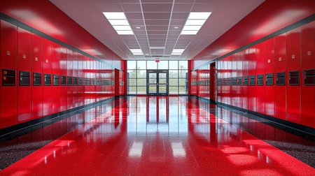 3D render of a corridor with red lockers in a schoolの素材