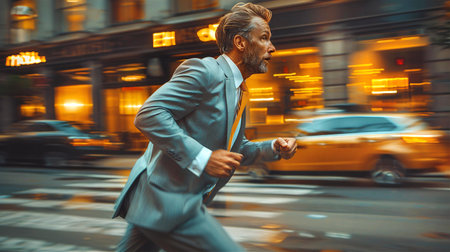 Businessman running in the city at night. Motion blur effect.の素材