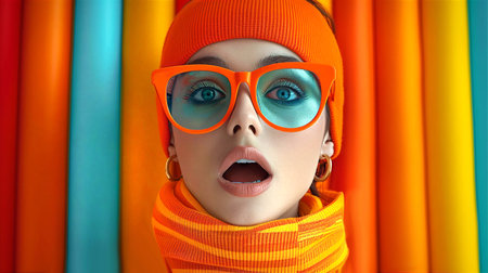 Surprised girl in orange hat and sunglasses. Studio shot.の素材