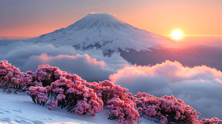Pink rhododendron flowers on the background of Mount Fuji at sunrise.の素材