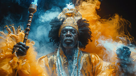 Close-up portrait of a man in a golden costume with a burning incense stickの素材