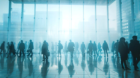 silhouette of business people walking in the lobby of the airportの素材