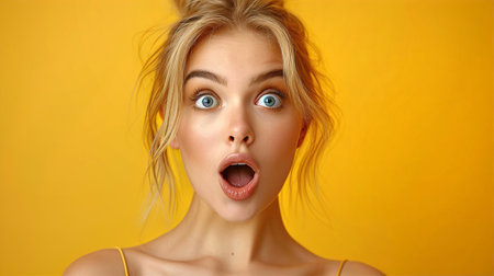 Close up portrait of surprised young woman looking at camera over yellow backgroundの素材