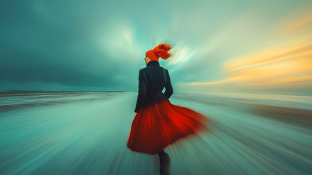 Woman in a red cape walking on the beach. 3d renderingの素材