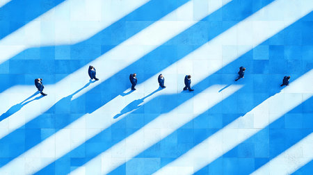 Business people walking in a row on a blue background with shadows.の素材