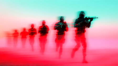 Silhouette of a group of soldiers on a blurred background.の素材