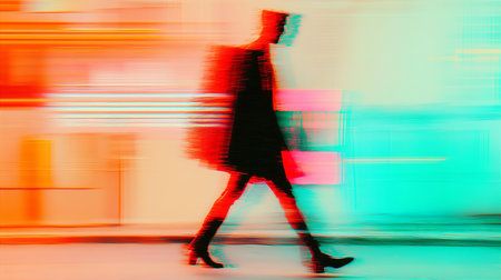 Silhouette of a woman walking in the city on a light backgroundの素材