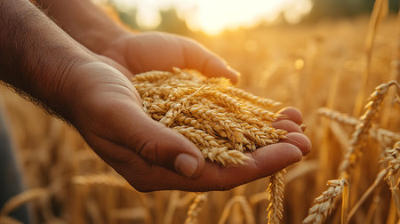 Farmer hand holding wheat spikelets in wheat field. Harvesting conceptの素材