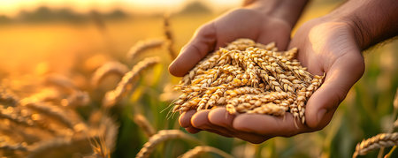 Close-up of man's hands holding wheat ears in wheat fieldの素材