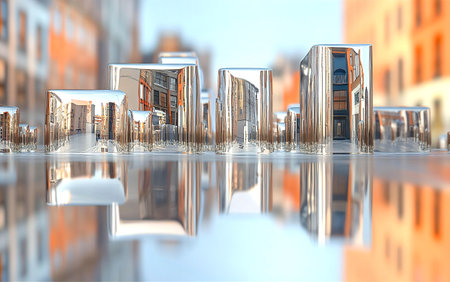abstract 3d illustration of modern building in the city with reflectionの素材