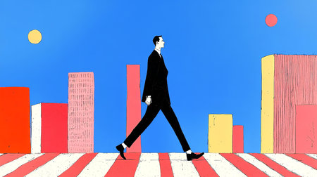 Businessman walking on the street in front of a city skyline, vector illustrationの素材
