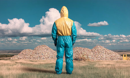 Man in a biohazard suit standing on the edge of a fieldの素材