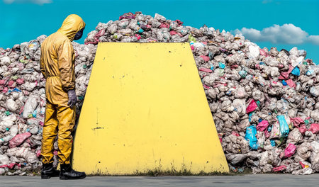 A man in a yellow raincoat is standing next to a huge pile of garbage.の素材