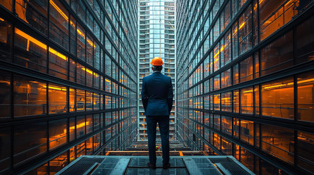 Engineer in safety helmet standing in front of modern building. Concept of construction and business.の素材